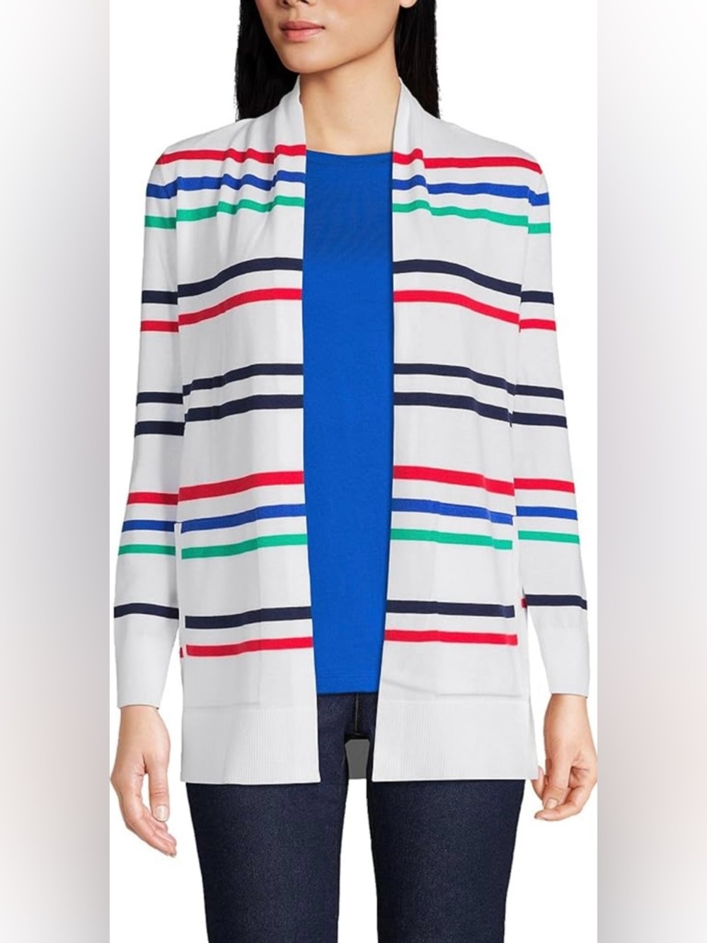 Lands' End White Open-Front Cardigan with Red, Navy, Blue & Green Stripes